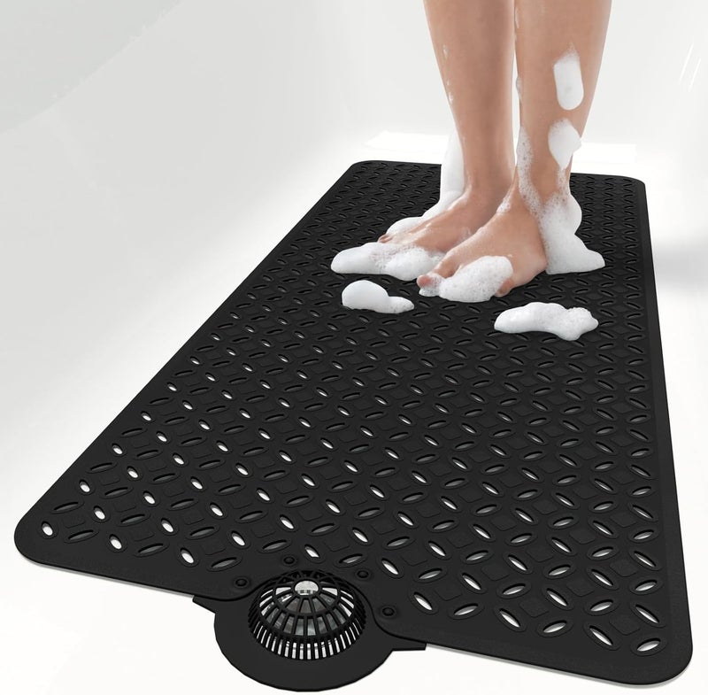 OTHWAY Bath Mat for Tub Non Slip: 39" X 17" Long Bathtub Mat with Hair Catcher│Big Drain Holes Shower Mats for Inside Shower│Machine Washable (Black) - Image 1